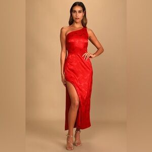 Lulu’s Chasing Desire Red Satin Jacquard One-Shoulder Maxi Dress